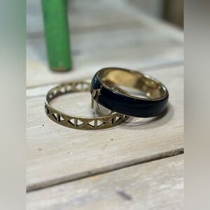2 Vintage Bracelets- Black Enamel & Geometric Brass Bangle. Minimalist | Aztec